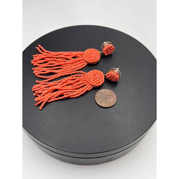 J. Crew Beaded Light Coral Orange Tassel Fringe Long Summer Spring Earrings - Picture 6 of 8